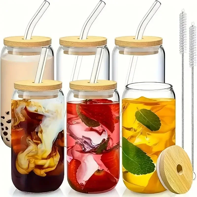 4/6 pieces, glass cup, 17.8 oz/550 ml glass with lid and straw, Mason jar water cup, iced coffee cup, glass cup with bamboo lid,