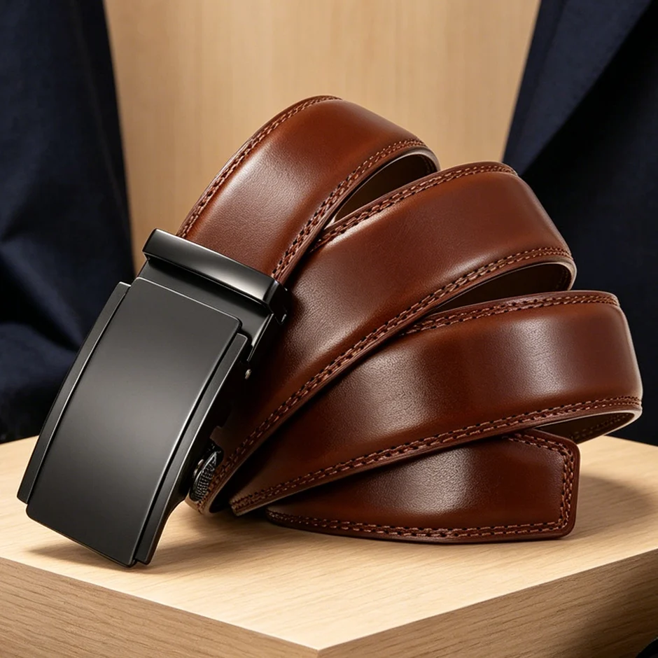 Plyesxale 3.5cm Width Business Men's Belt Genuine Leather Alloy Automatic Buckle Luxury Cowhide Suit Belt for Men Wholesale B46