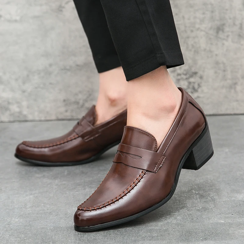 Men Penny Loafers With Heel 6CM Leather Shoes Business Elegant Wedding Party Casual Dress Shoes Brown Black Lift Shoes for Men