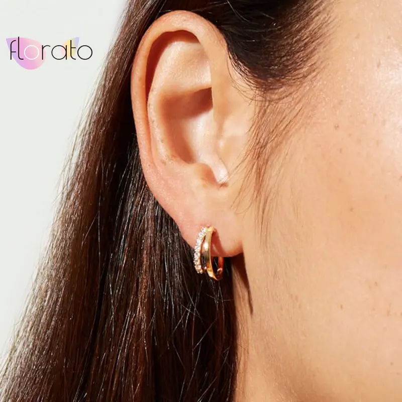 925 Sterling Silver Needle Classic Geometry Double Layer Circle Hoop Earring for Women CZ Crystal Huggie Earring Fashion Jewelry