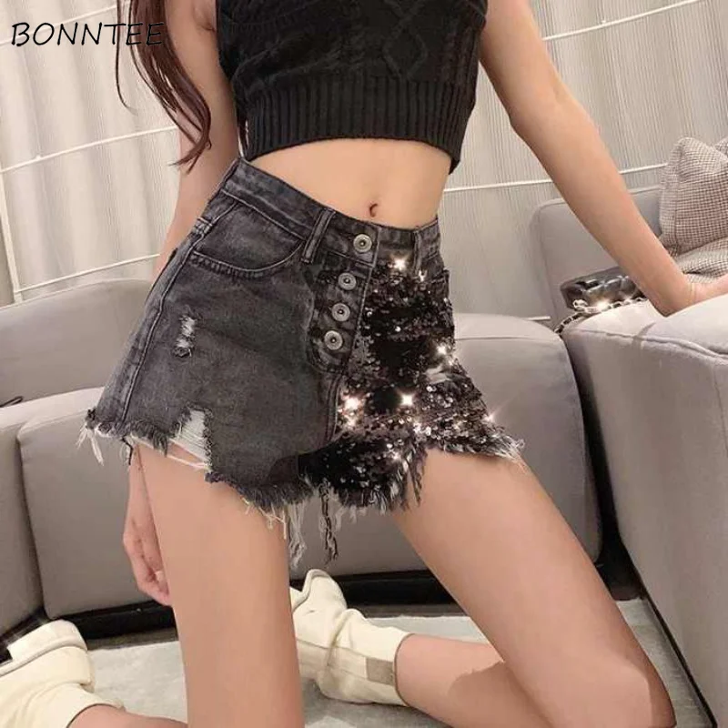 

Denim Shorts Women Sequins Summer High Waist Loose All-match Wide Leg Tassel Hot Simple Korean Style Ripped Clothes S-5XL Ladies