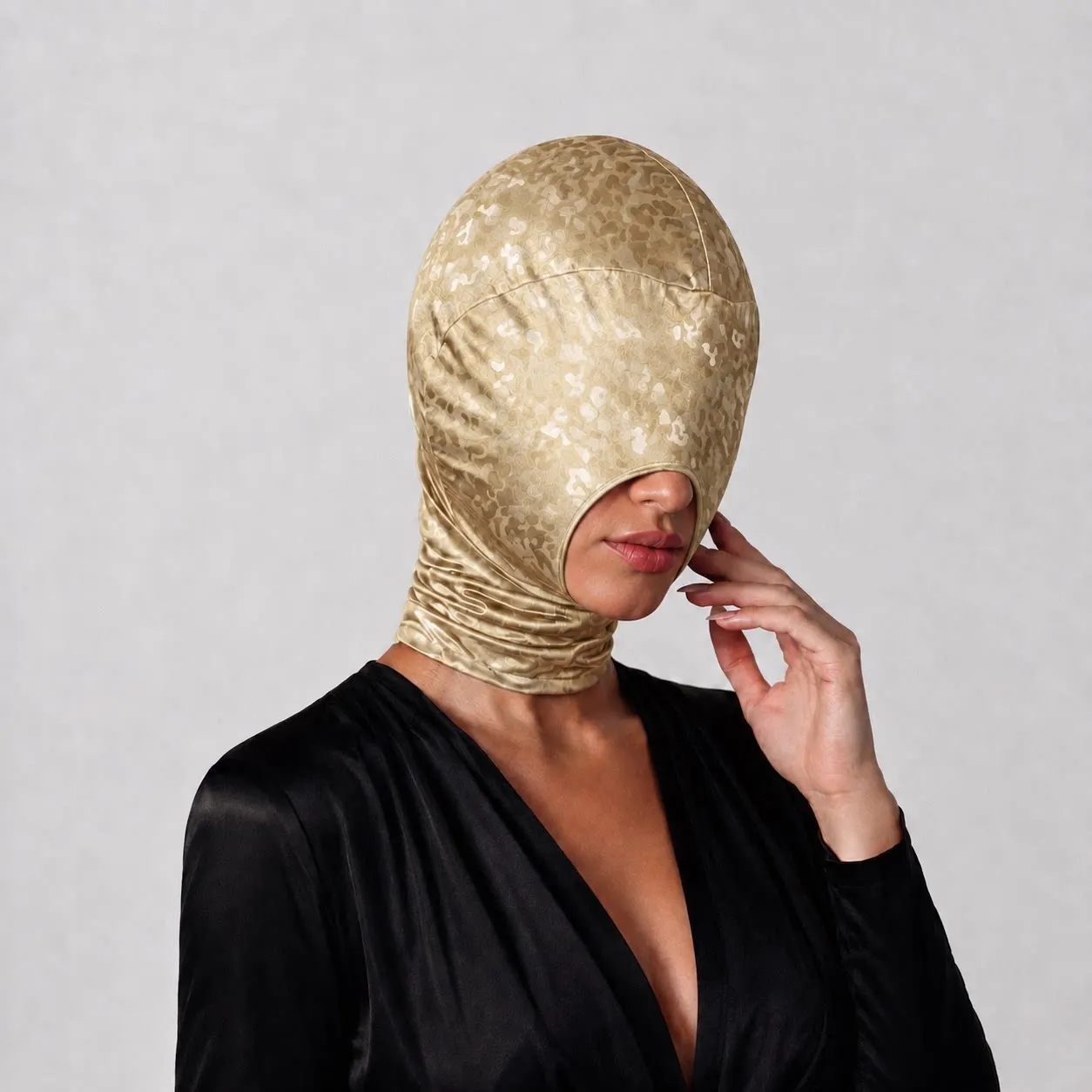 Cagoule intégrale respirante en PU à imprimé léopard doré, haute élasticité, à ouverture frontale, pour cosplay de couple, avec bandeau cache-yeux