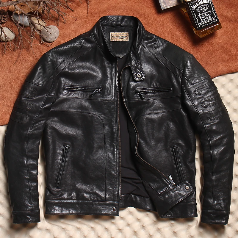 

Best.Luxury Mens Thick tanned sheepskin jacket.Motor Rider leather coat.Vintage black real leather cloth