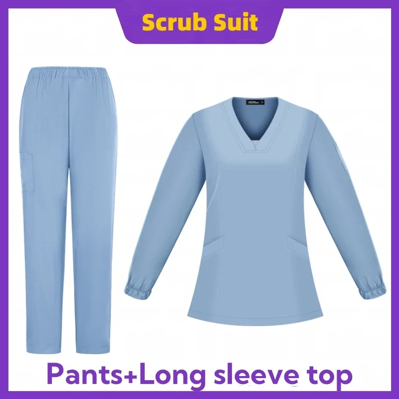 NOWOŚĆ Scrub Tops Pants V-neck Surgical Uniform Long Sleeved Surgery Clothes Suit Pet Grooming Nursing Scrub Set Dentistry Workwear