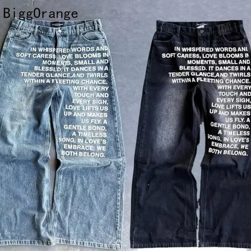 2025 الجينز الموضة الأمريكية إلكتروني الطباعة نمط شارع العليا عادية واسعة الساقين Y2K الرجال الرجعية القوطية العصرية سراويل تقليدية