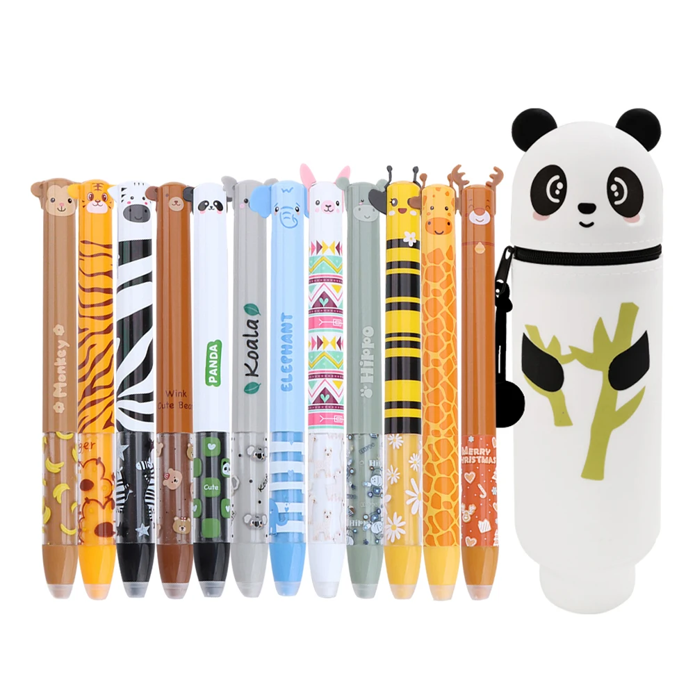 قلم محايد قابل للمسح ومقلمة من السيليكون، حبر ممحاة ساخنة، ألوان حبر زرقاء، تصميم على شكل حيوان، طرف 0.5 مم #1