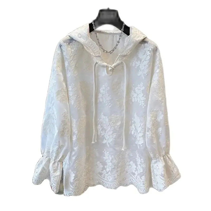 

2025 Spring Summer New Chinese Style Hooded Sunscreen Shirt Women New Fashion Loose Hollow Out Thin Lace Shirt Pullover Female