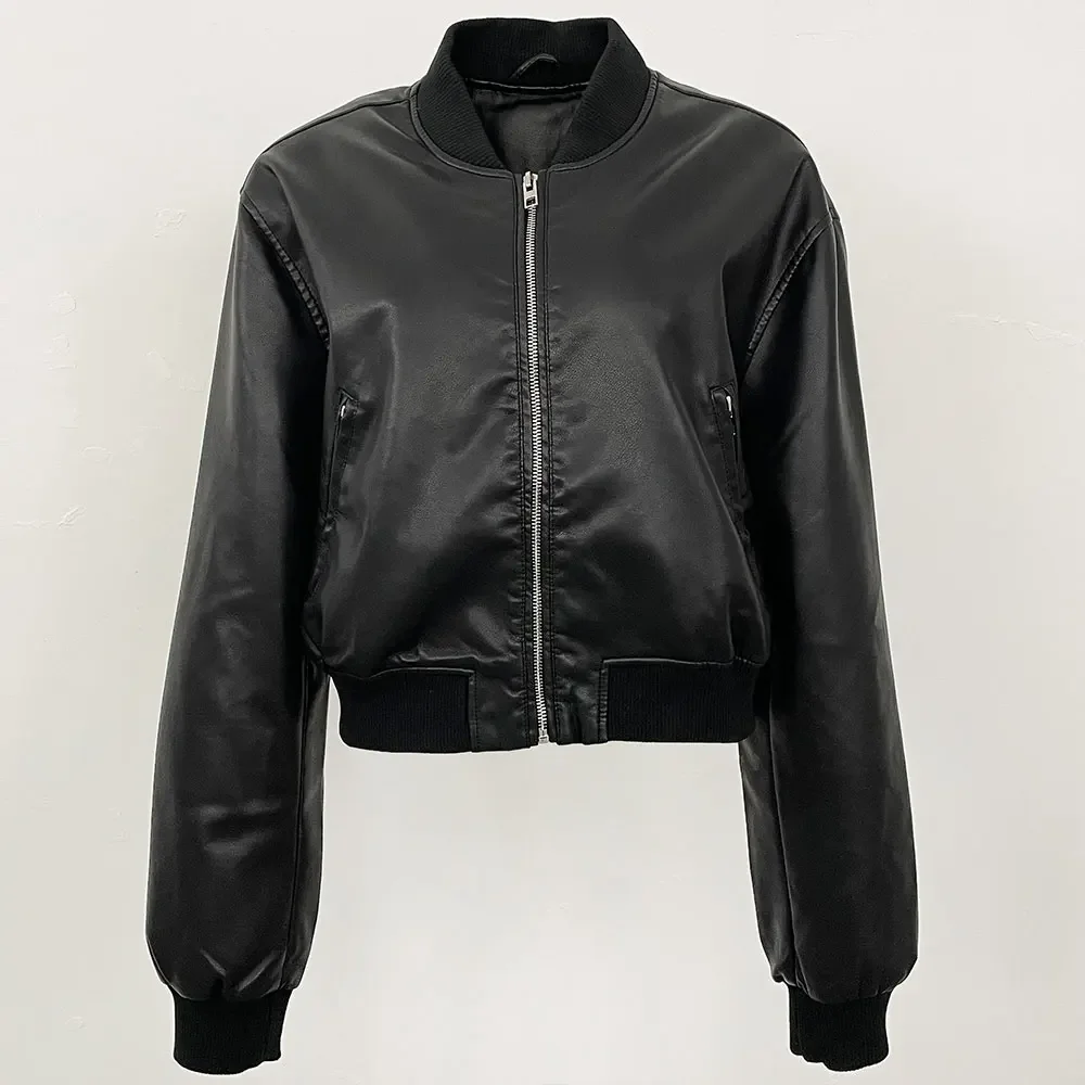 

Faux Leather Jacket Loose Spring Artificial Leather Coat Women Y2K Vintage Gradient Zipper Lady Locomotive Style PU Coat Kpop