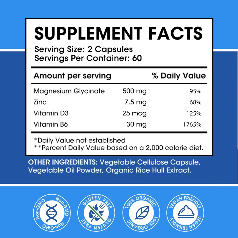 Magnesium Glycinate Supplement 500mg with Zinc,Vitamin D3 B6 High Absorption Support for Women & Men Non-GMO Veggie Capsules