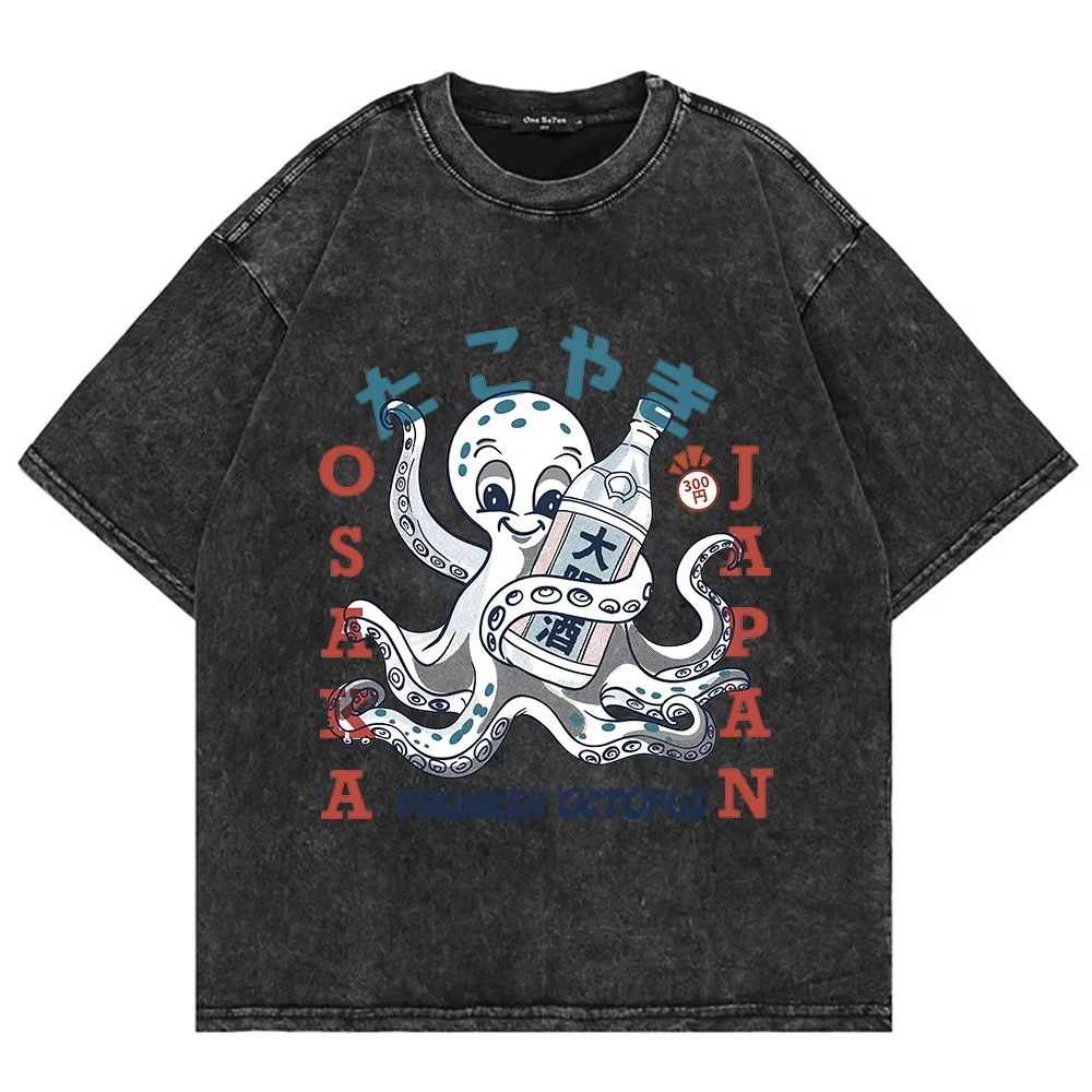 Osaka Dotonbori Drunken Octopus Print T-Shirts Vintage Funny Men Women T-Shirt Oversize Breathable Soft Cotton Washed Tee Shirt