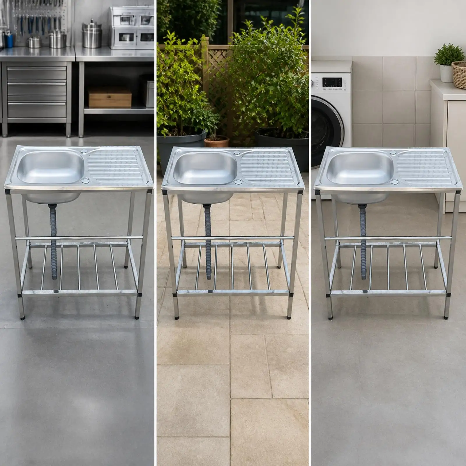 Stainless Steel Freestanding Sink Unit Single Basin with Drain Tray for Garage and Outdoor Prep Station