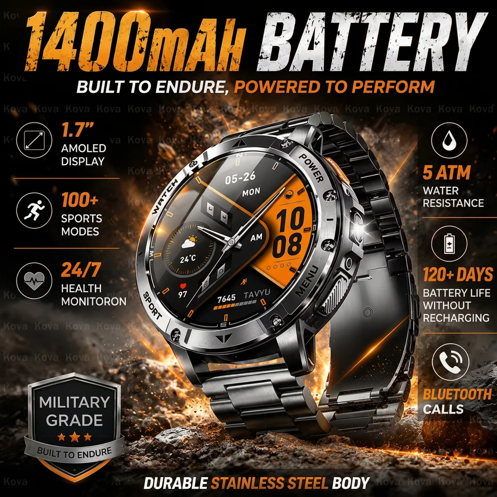 1400mAh Large Battery Military Smart Watch Men 1.7