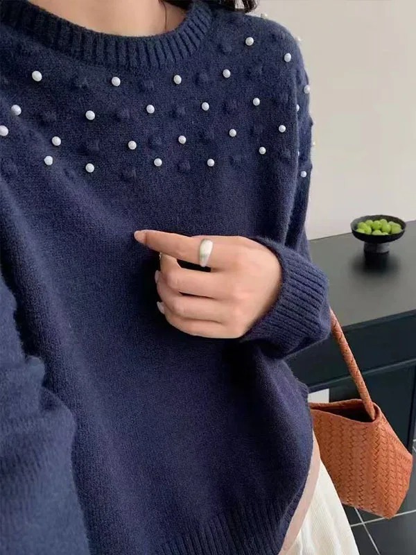 

Soft Cozy Beaded Sweater round Ne Knitted Inner Wear Comfortable Skin-Friendly Overhead Top for Small Stature Women