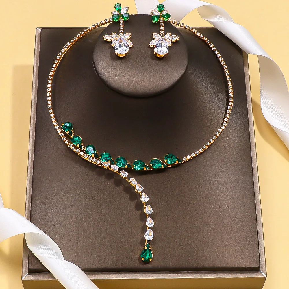 Green Water Drop Necklace Earrings Sets for Women Afrcian Wedding High Quality Zircon Bridal Jewerly Sets Accessories Bridesmaid