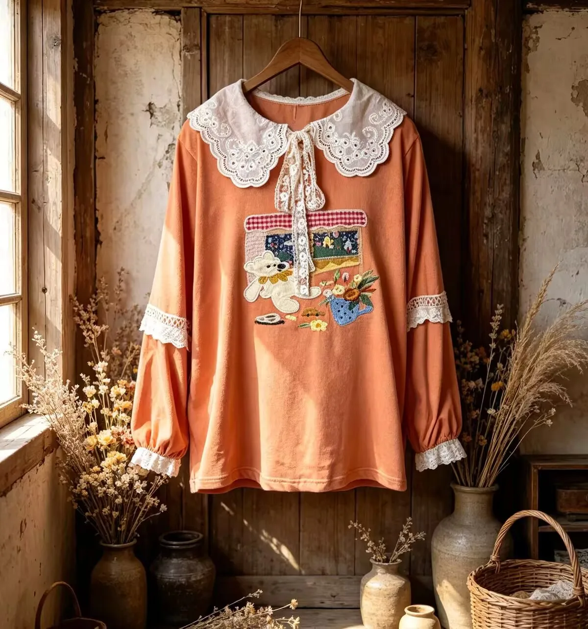 Japanese Mori Girl Beige Orange Red Cartoon Embroidered Long Sleeve Shirt Women Pullover Sweet Lace Patchwork Shirts