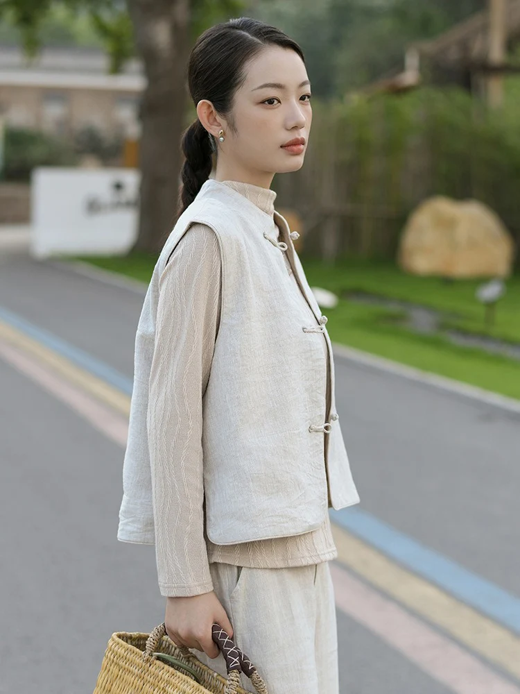 Dames linnen vest mandarijn kraag vest vroege herfst Chinese stijl vesten