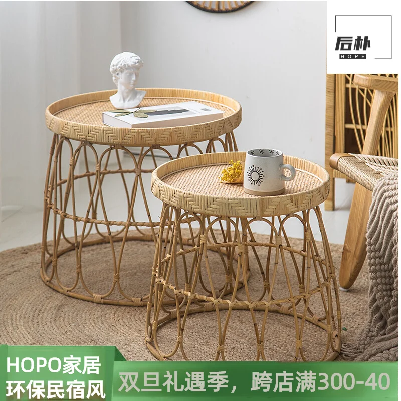 

Nordic Round Bamboo Tea Table, Ins Wooden Coffee Table, Bamboo Weave End Table, Compact Round Dining Surface for Living Room