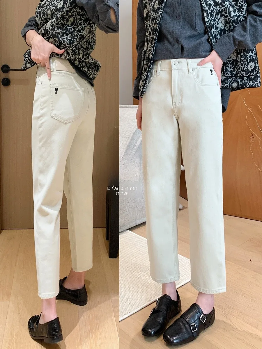 

Новые весенние джинсы-брюки с принтом «Сердце» и французским узором, специальные, кленово-белые, с четырехсторонней эластичной тканью, энзимной обработкой, прямые, с высокой талией