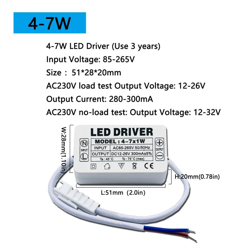 LEDライト用電源ユニット,4-7w 12-18w 18-25w 25-36w 300ma,LED照明用