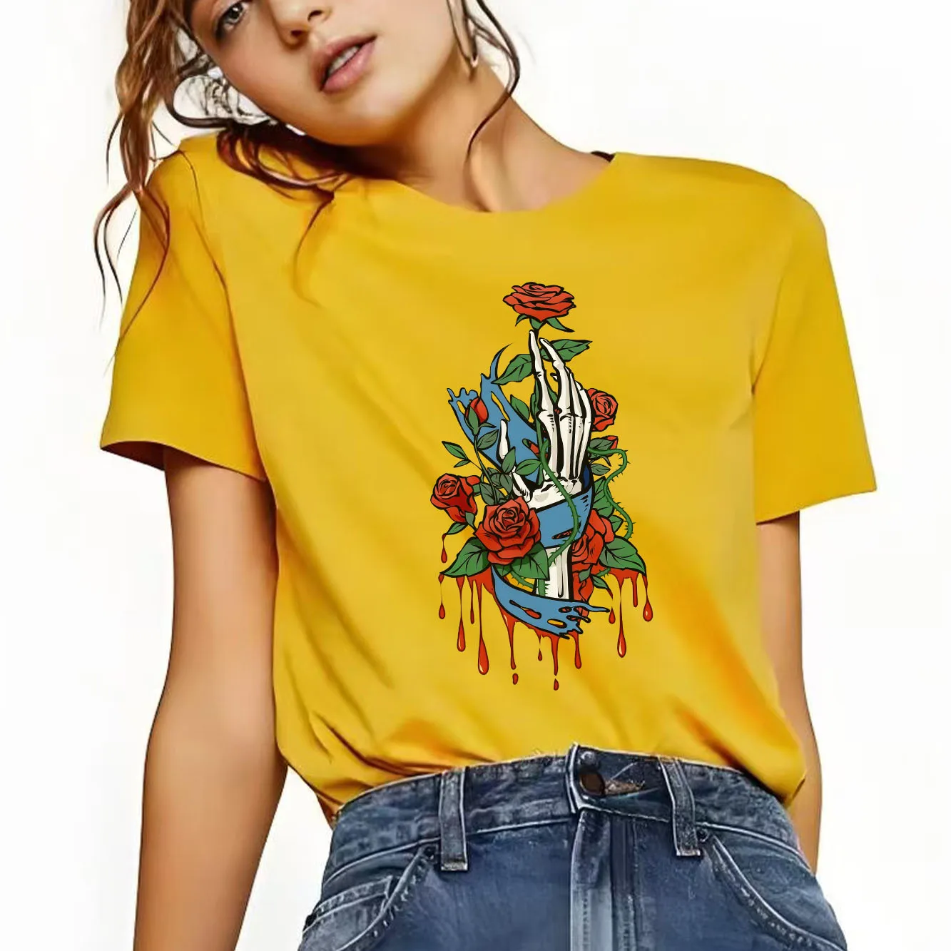 ファッションスケルトンローズプリントストリートTシャツ半袖ラウンドネックカジュアル多用途レディースTシャツ