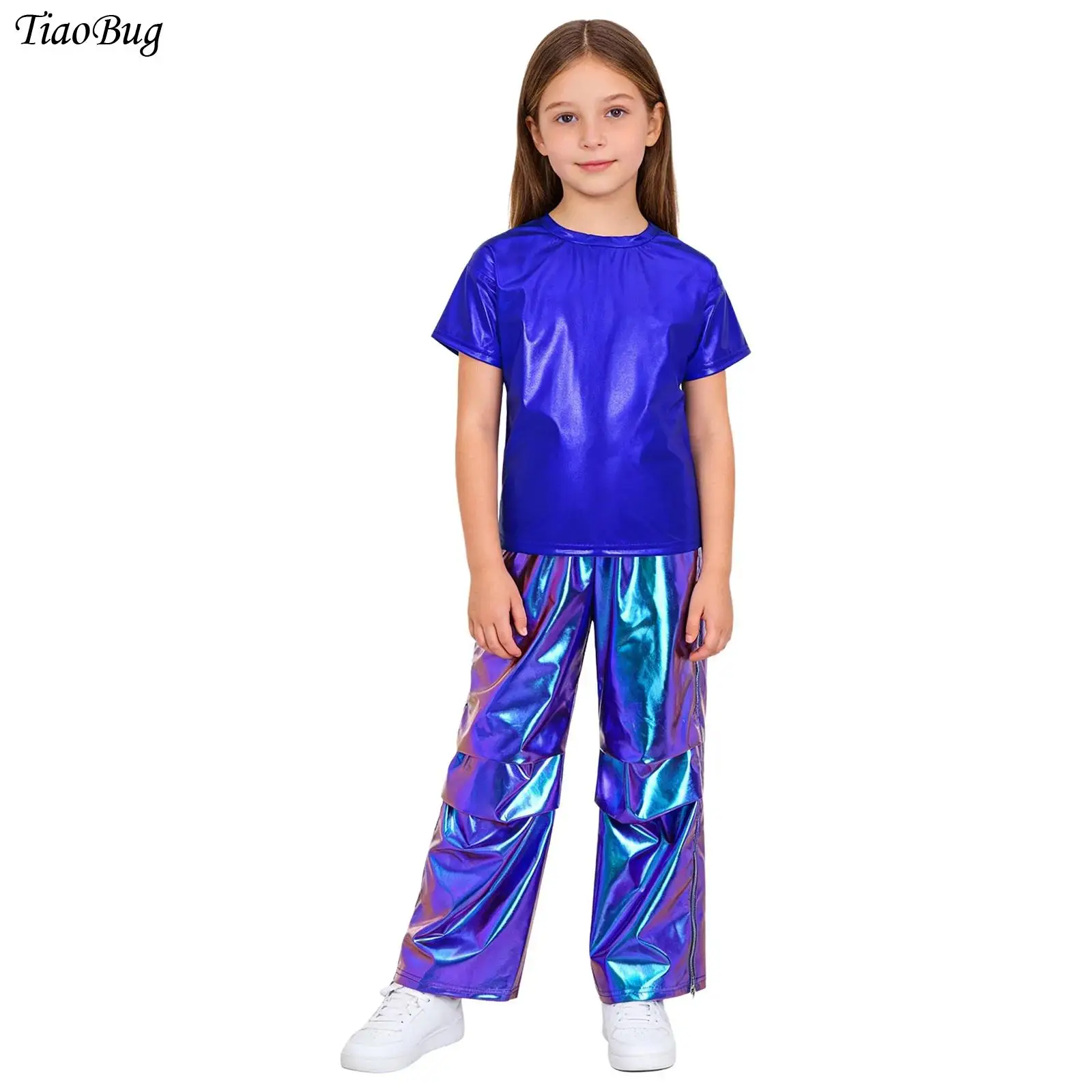 

Kids Girls Boys Jazz Dance Costume Outfit Short Sleeve Metallic T-shirt Top with Shiny Cargo Pants Hip Hop Streetwear Dance Set