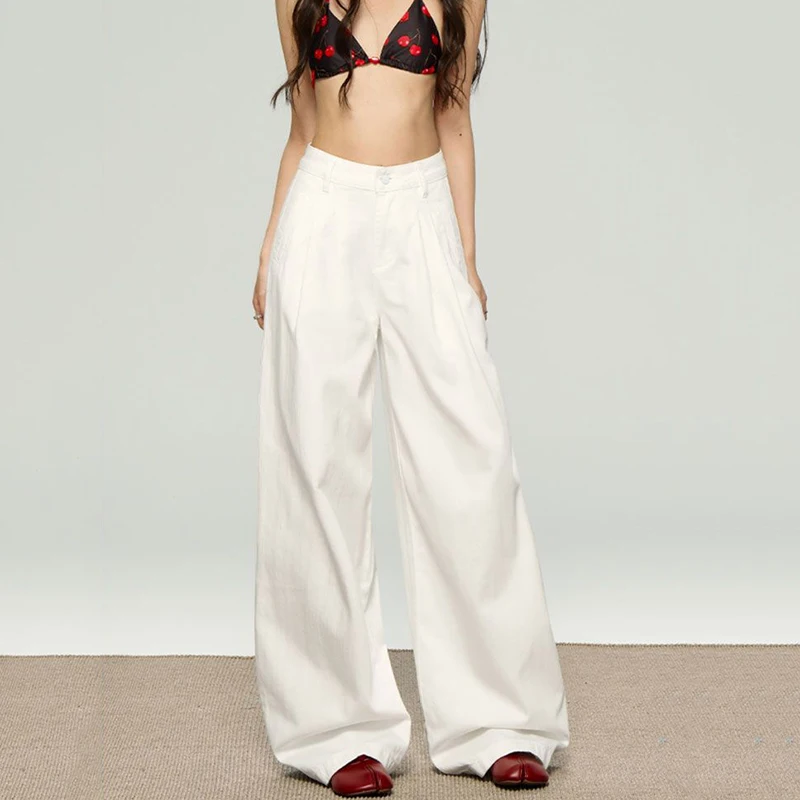 Pantalones vaqueros de pierna recta holgados blancos coreanos, pantalones vaqueros holgados de cintura alta a la moda para mujer, pantalones de pierna ancha de gran tamaño 2026 para mujer
