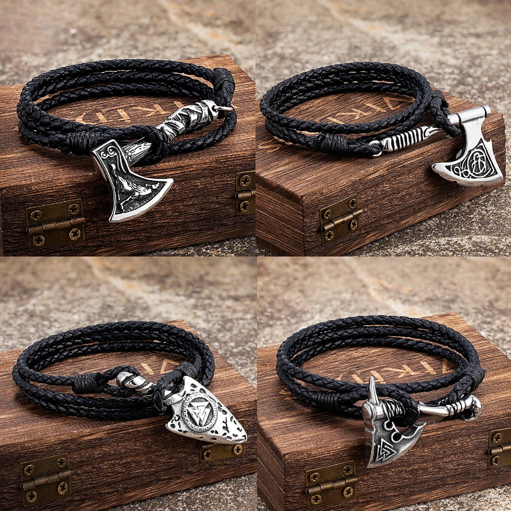 Handgemachte Geflochtene Multilayer Leder Edelstahl Viking Axt Armband Für Männer Frauen Outdoor Biker Mode Schmuck Dropshipping