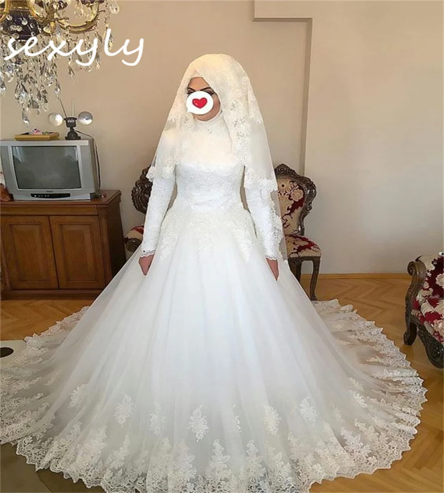 White Muslim Wedding Dress Islamic Country Garden Long Sleeve Bride Dress High Neck Princess Church Bridal Gowns Customized