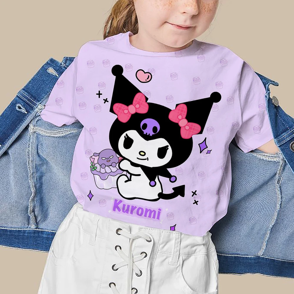 

Футболка Kawaii Hello Kitty для девочек, милая детская летняя футболка с короткими рукавами и круглым вырезом для мальчиков с героями мультфильмов