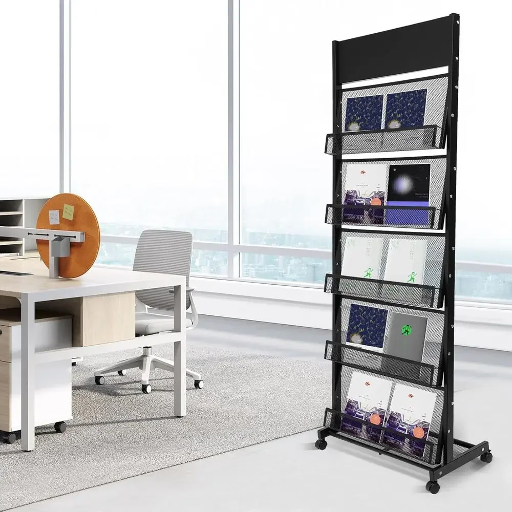 Mobile 5-Tier Literature Rack for Magazines, Brochures, and Newspapers - Ideal for Offices, Retail, Trade Shows