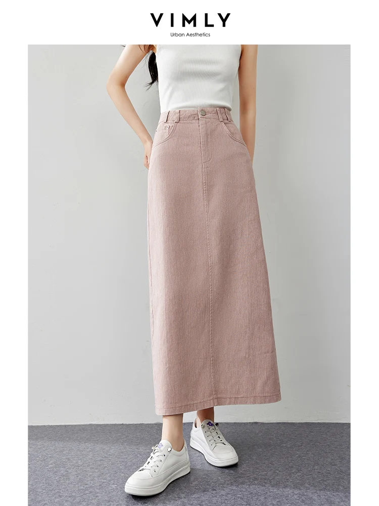 VIMLY Women's Workwear Straight Solid Color Skirt Summer New Simple High Waist Back Split Commuter style Long Skirt 16658