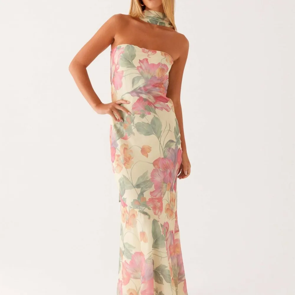 

Elegant Slim Dress Spring Summer Fashion Printed Satin Sexy Sleeveless Tube Top Backless Mesh Satin Mid-waist Long Evening Dress