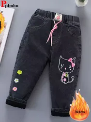 Winter Velvet Lined Girls Jeans Pants Warm Plush Print Children Vaqueros Pantalones Thick Elastic High Waist Kids Denim Broek