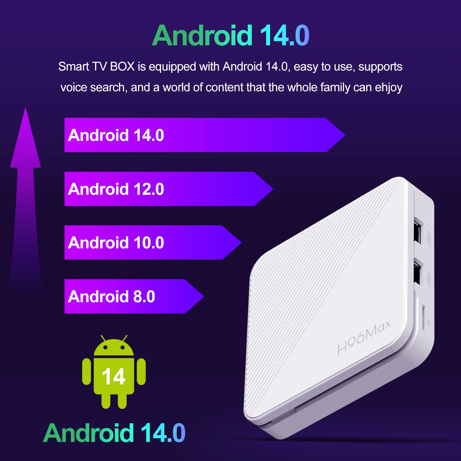 H96 MAX Allwinner H313 Quad Core Smart TV Box Android 14 2GB 8GB 16GB Wifi6 BT 4K HD Google Voice Media Player AV1 Set Top Box view 5