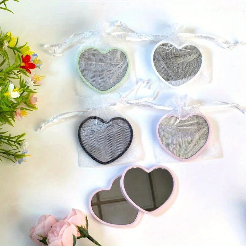 24 Uds. Espejos portátiles en forma de corazón con lazo de cinta, juegos de bolsas de embalaje con cordón para viajes, recuerdos de fiesta de cumpleaños, regalos de boda