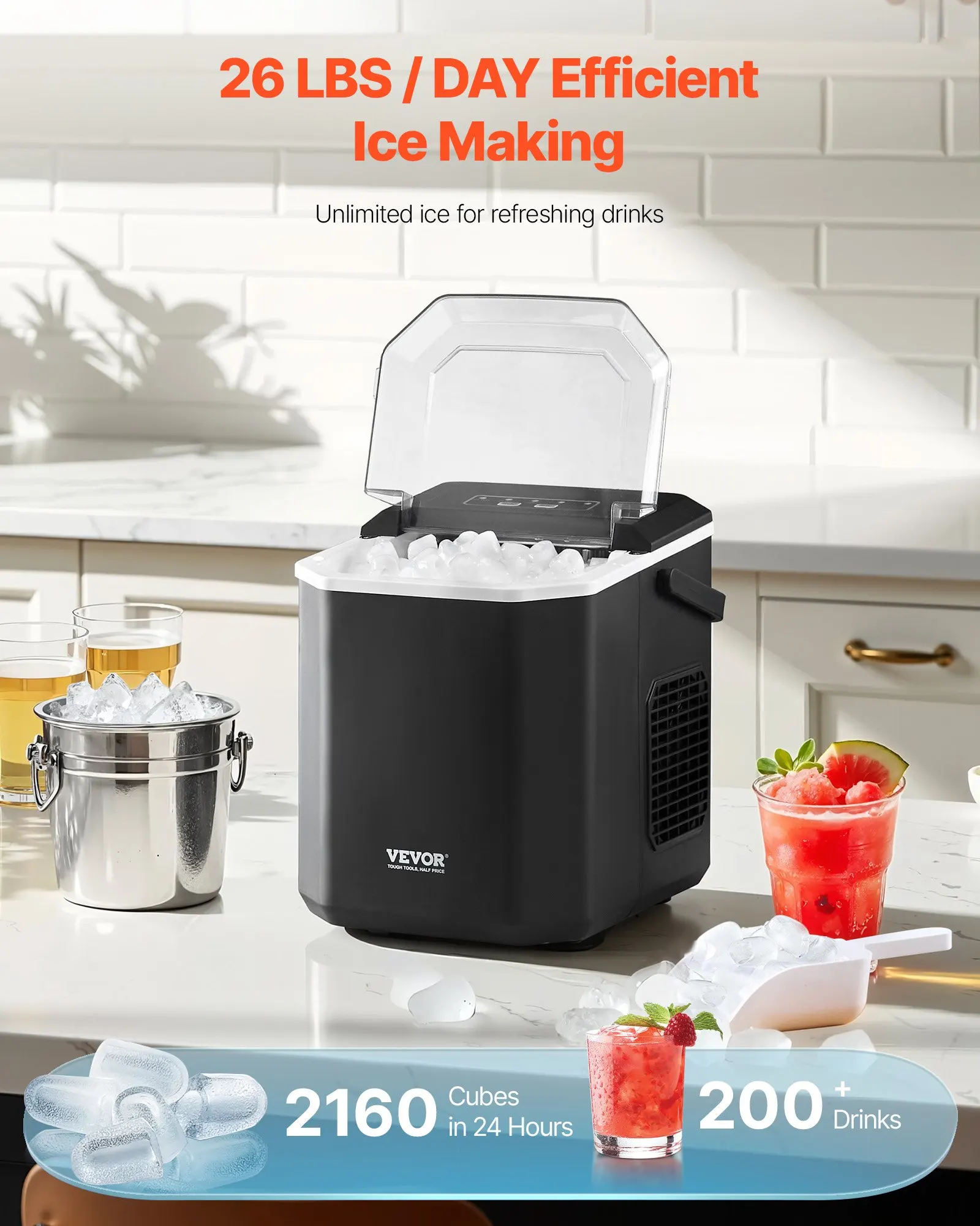 Portable Countertop Ice Maker 26Lbs/24H Self-Cleaning With Scoop Basket Home Bar