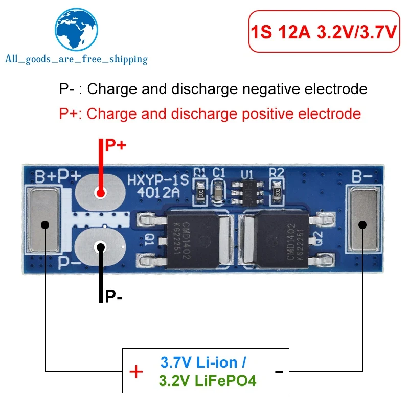 TZT 1S 12A 3.7V Li-ion / 3.2V Lifepo4 18650 Battery Charging Protection Board Short Circuit Protection BMS For Electric Motor