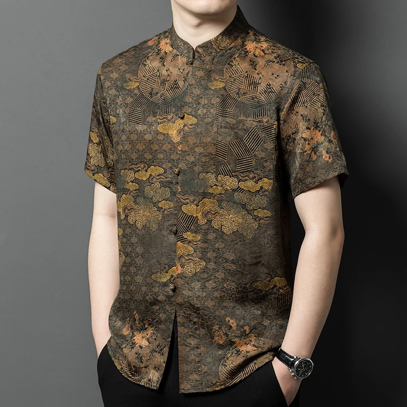 Stand Collar Chinese Style Dress Men Shirt Short Sleeve 100%Silk Summer Quality Vintage Print Pocket Oversized Camisas De Hombre