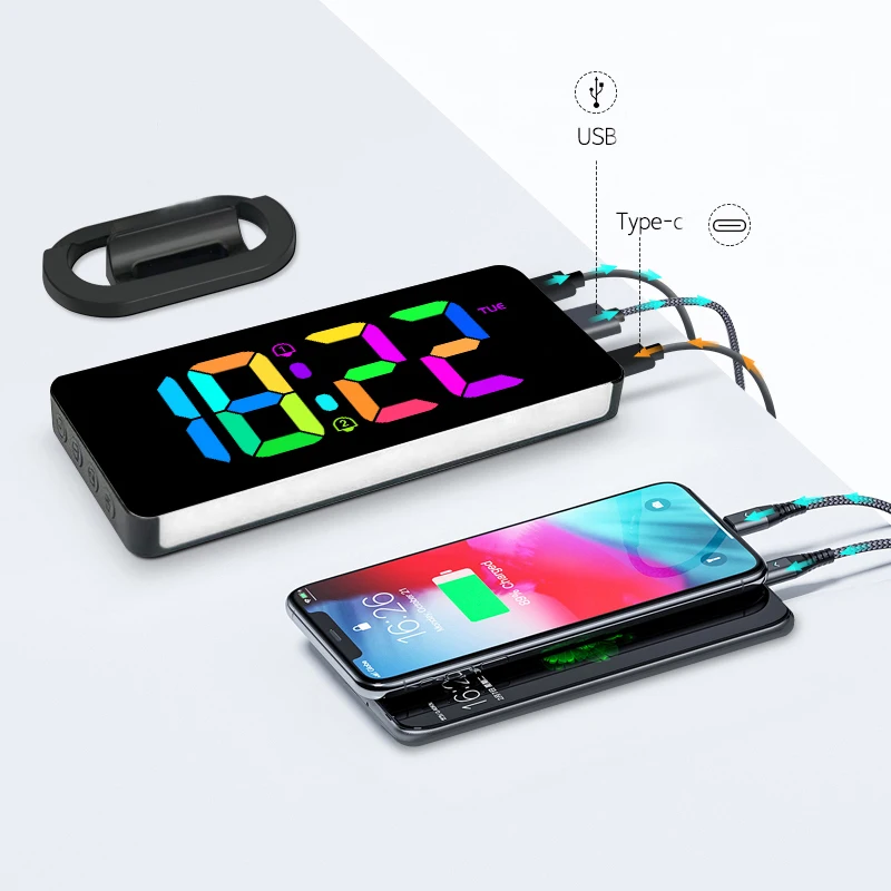 Digital Alarm Clock Desk/Wall Dimmable Electronic Clock with RGB Atmosphere Night Light Rainbow Time USB Charger Week Display