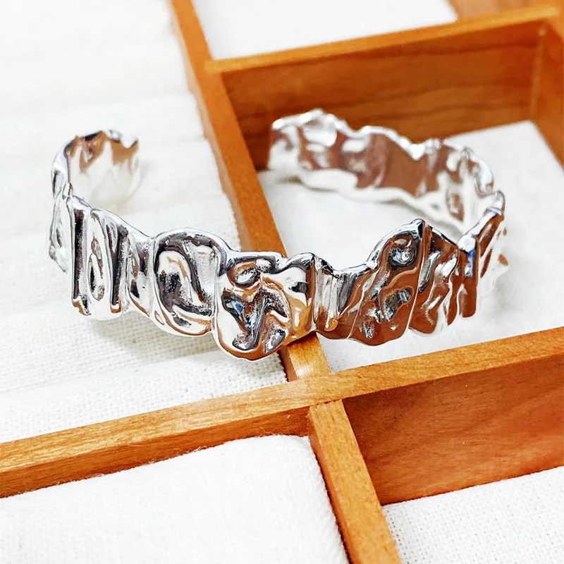 N S925 Silver Simple Personality Texture Wrinkle Irregular Bracelet Men And Women Niche Cold Wind Silver Bracelet Opening