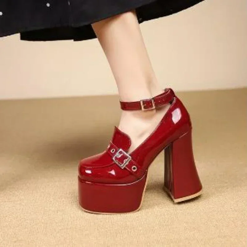 12.5CM Mary Jane Shoes 2024 Spring And Autumn Women's Shoes Platform High Heels Punk Style One-line Buckle Small Leather Shoes