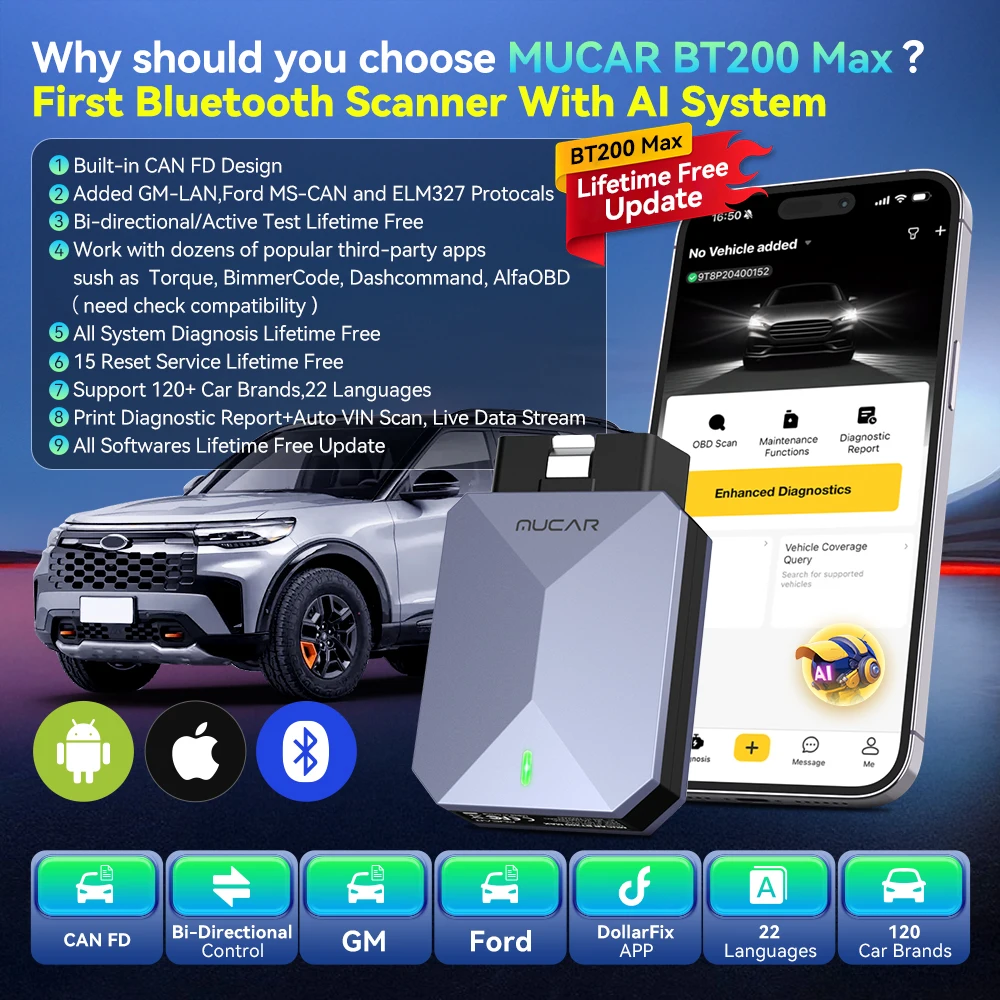 MUCAR BT200 MAX AI Automotive Tools OBD2 Bluetooth Scanner Bi-directional CANFD 15 Reset Full System For All Cars Lifetime Free