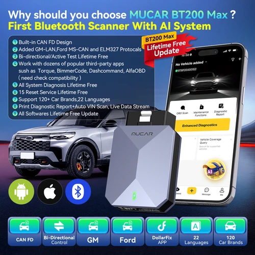 Imagen 2 del producto Herramientas automotrices MUCAR BT200 MAX AI ELM327 OBD2 Escáner Bluetooth CANFD Herramienta de escaneo bidireccional 15 Reinicio Diagnóstico completo del sistema Actualización gratuita Lector de códigos