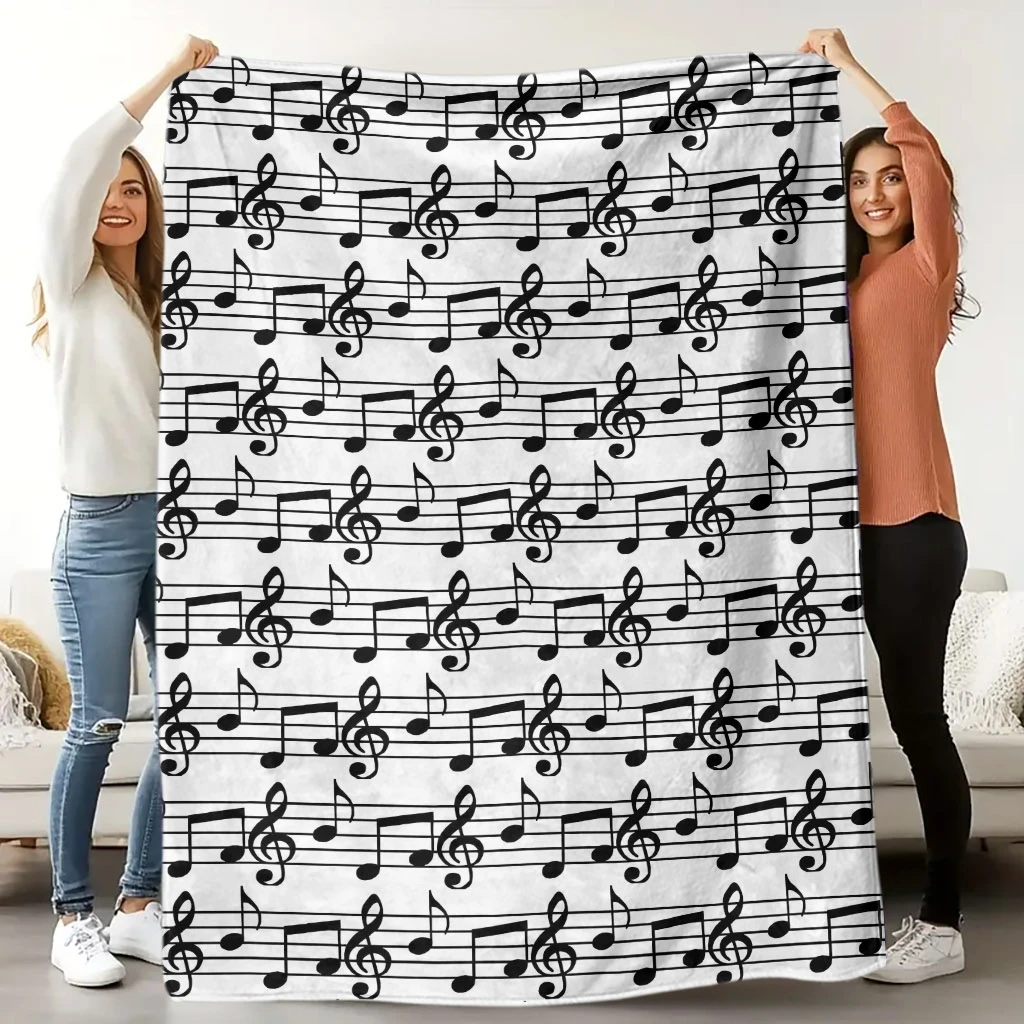 Black Treble Clef Musical Notes Staff White Background Print Soft Flannel Blanket Music Throw for Sofa Bedroom Home Use