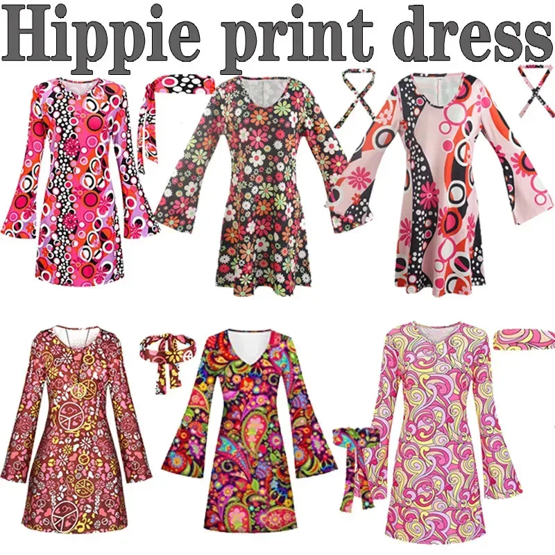 

XT8Halloween Christmas European and American 1970s 1980s Hippie Costumes Printed Dresses Headscarves@XT6！