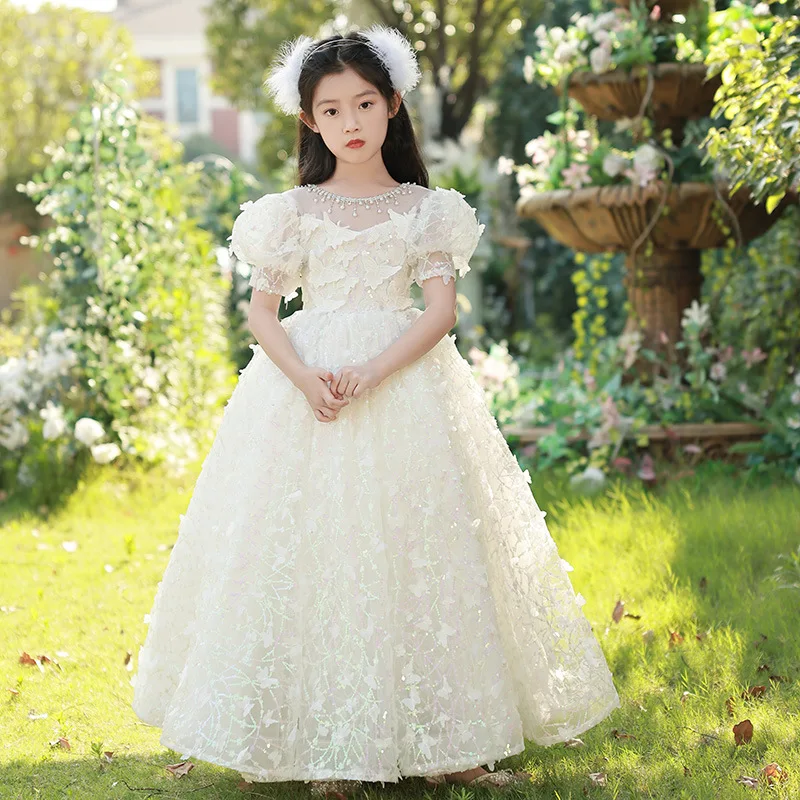 Long Flower Girl party Evening Dress 3 To 12 Y Birthday Princess fairy Baby Kids Girls Clothes Butterfly sequins Ball Gown