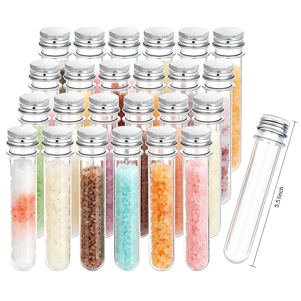 Tubos de ensayo de plástico transparente con tapas de rosca, recipientes vacíos para sales de baño, viales rellenables para sales de spa, especias, recuerdos de fiesta
