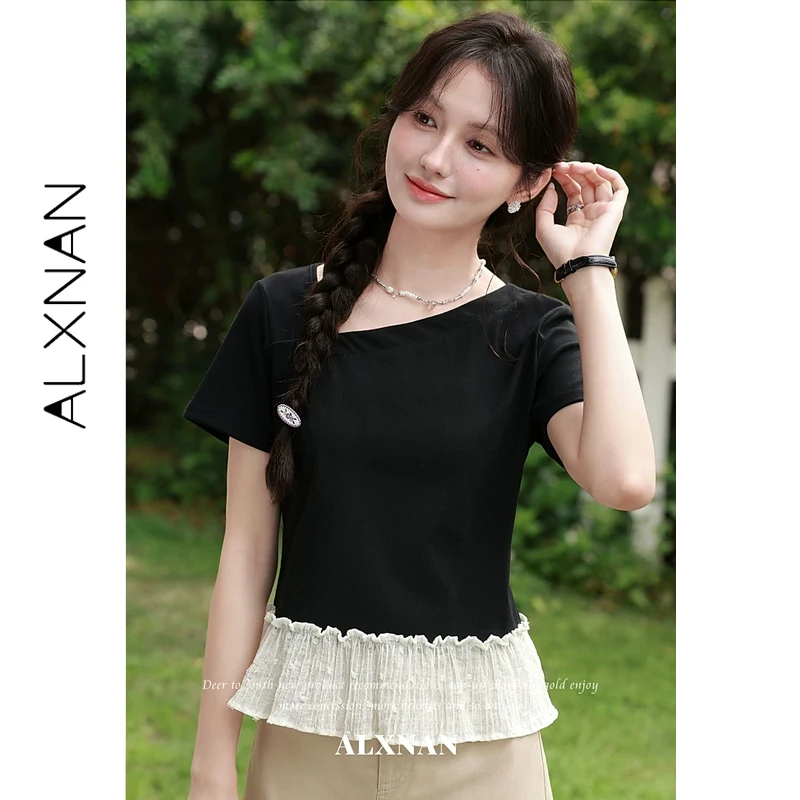

ALXNAN Women's Black T-shirt Summer Off-shoulder Spliced Ruffle Slim Fit Short Sleeve T-shirts Elegant Casual Female Tops L65201
