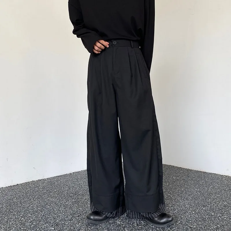 

New Men's Fashion Baggy Pants Black Wide Leg Double Layered Striped Patchwork Cuffs Oversized High Waist Long Trousers Male