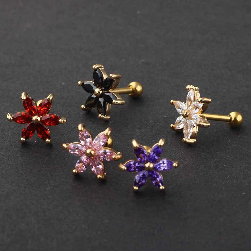 1PC Stainless Steel Crystal Flower Piercing Earring For Women Girl Small Punk Unique Tragus Helix Cartilage Piercing Jewelry